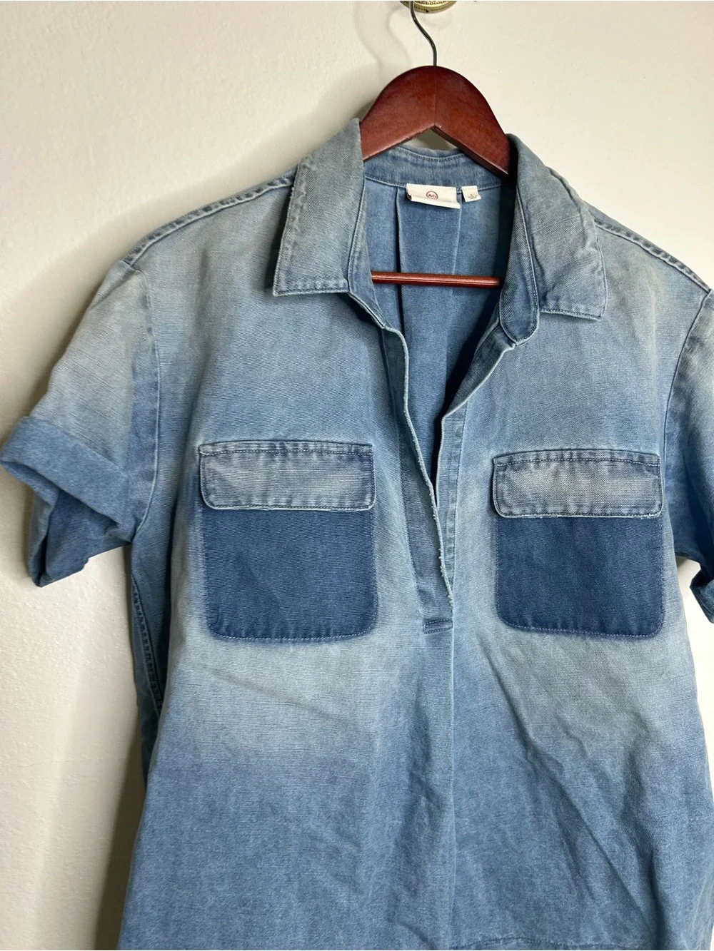 AG 100% Cotton Two Tone Denim Distressed Oversized Boxy Fit Popover Top - Picture 3 of 12